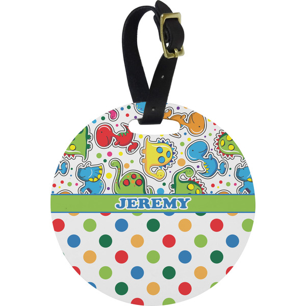 Custom Dinosaur Print & Dots Plastic Luggage Tag - Round (Personalized)