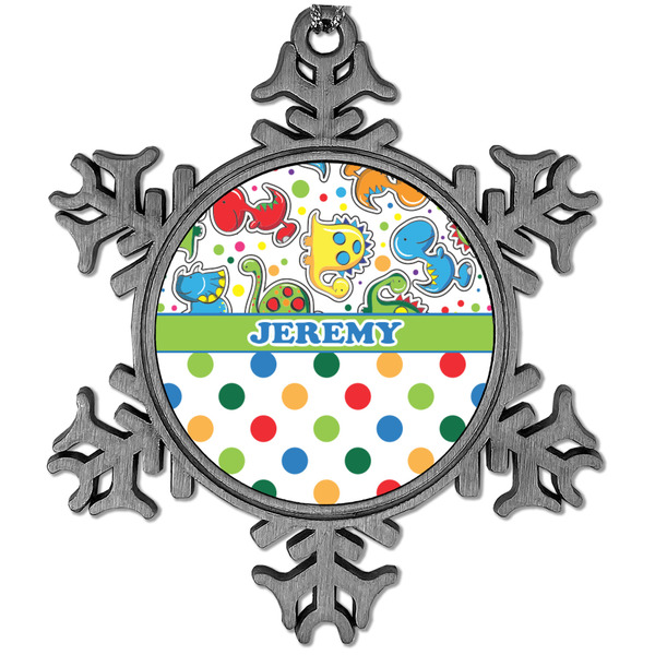 Custom Dinosaur Print & Dots Vintage Snowflake Ornament (Personalized)