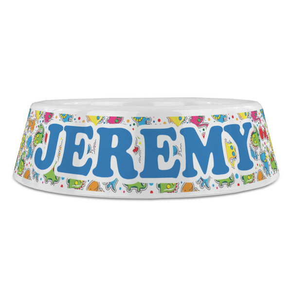 Dinosaur Print & Dots Plastic Pet Bowls - Large - FRONT