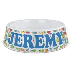 Dinosaur Print & Dots Plastic Dog Bowl - Large (Personalized)