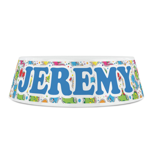 Dinosaur Print & Dots Plastic Pet Bowls - Small - FRONT