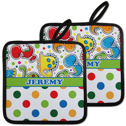 Dinosaur Print & Dots Pot Holders - Set of 2 w/ Name or Text