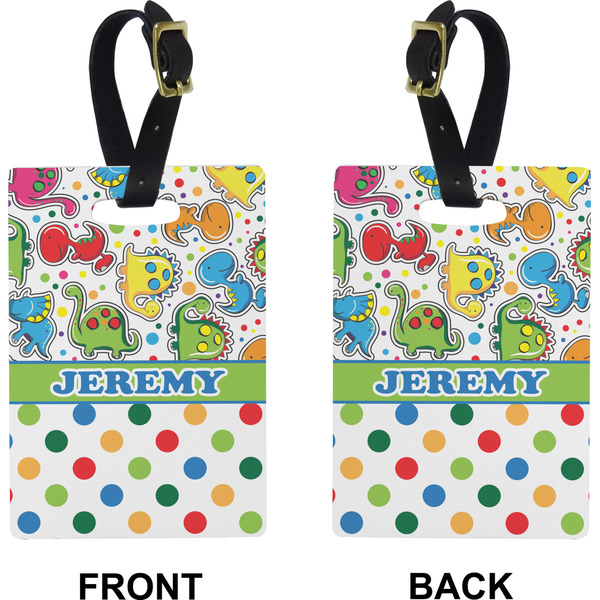 Dinosaur Print & Dots Rectangle Luggage Tag (Front + Back)