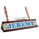 Dinosaur Print & Dots Red Mahogany Nameplate with Business Card Holder (Personalized)