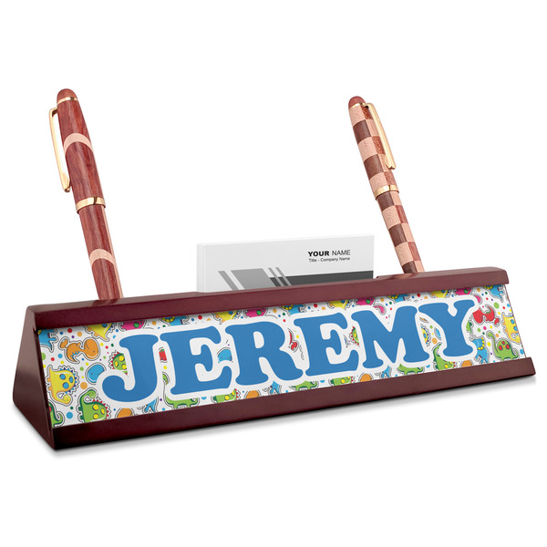 Custom Dinosaur Print & Dots Red Mahogany Nameplate with Business Card Holder (Personalized)
