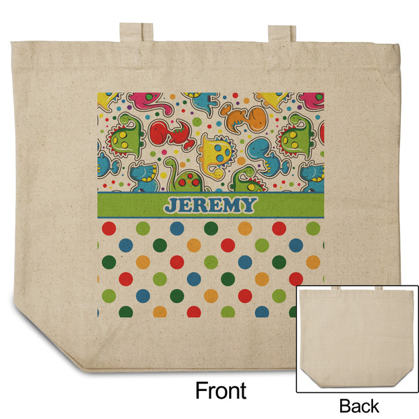 Dinosaur Print & Dots Reusable Cotton Grocery Bag - Front & Back View