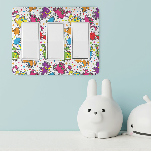 Dinosaur Print & Dots Rocker Light Switch Covers - Triple - IN CONTEXT