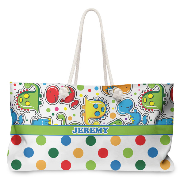 Custom Dinosaur Print & Dots Large Tote Bag with Rope Handles (Personalized)