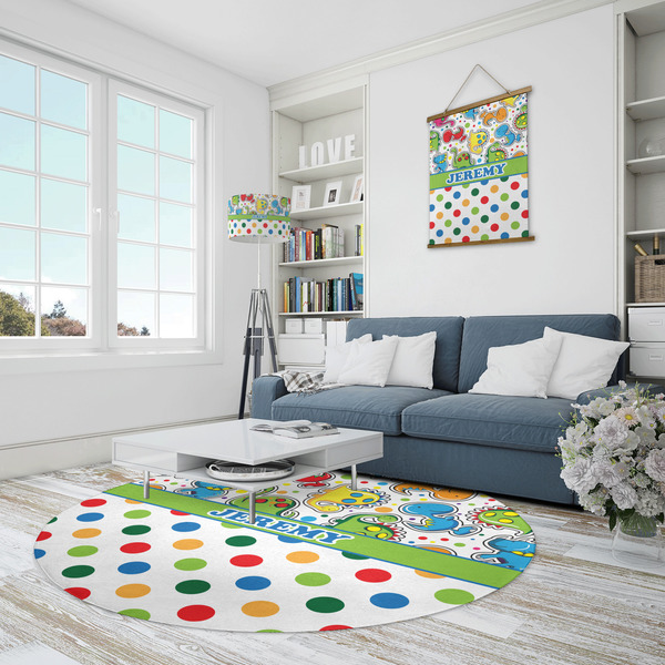 Dinosaur Print & Dots Round Area Rug - IN CONTEXT