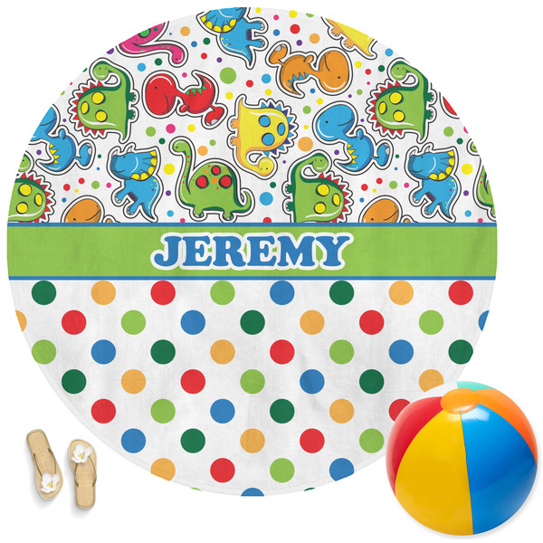 Custom Dinosaur Print & Dots Round Beach Towel (Personalized)