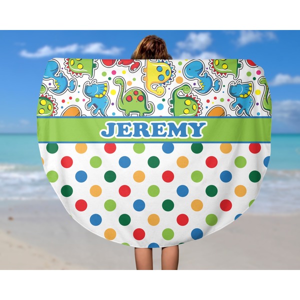 Dinosaur Print & Dots Round Beach Towel - In Use