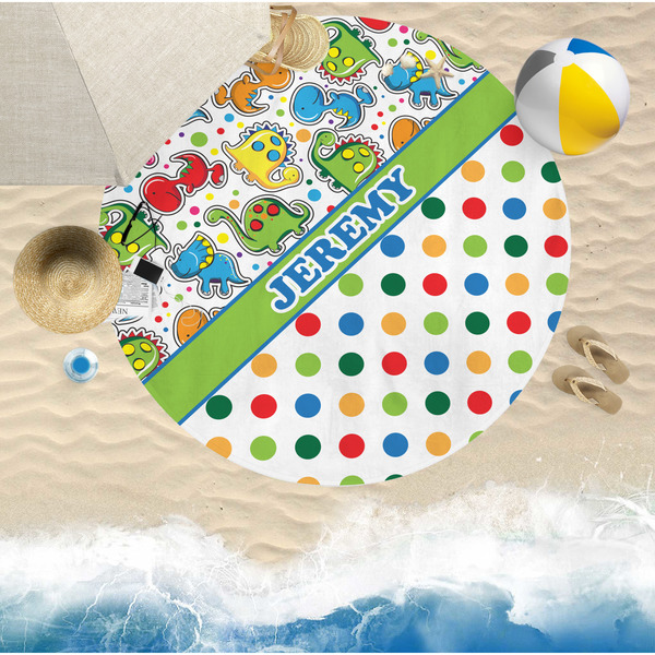 Dinosaur Print & Dots Round Beach Towel Lifestyle