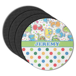 Dinosaur Print & Dots Round Rubber Backed Coasters - Set of 4 (Personalized)