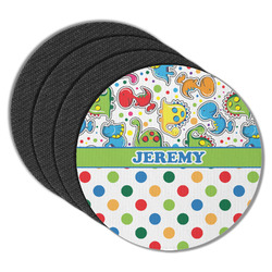 Dinosaur Print & Dots Round Rubber Backed Coasters - Set of 4 (Personalized)