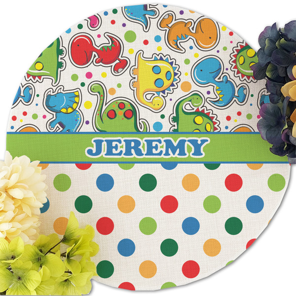 Dinosaur Print & Dots Round Linen Placemats - Front (w flowers)