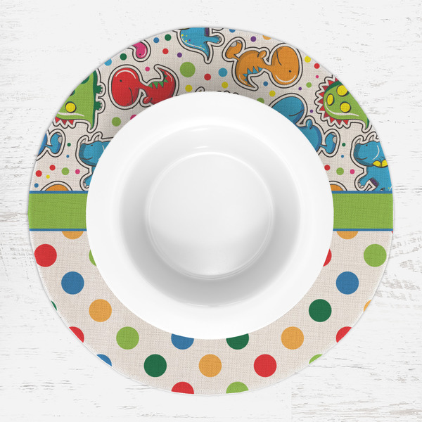 Dinosaur Print & Dots Round Linen Placemats - LIFESTYLE (single)