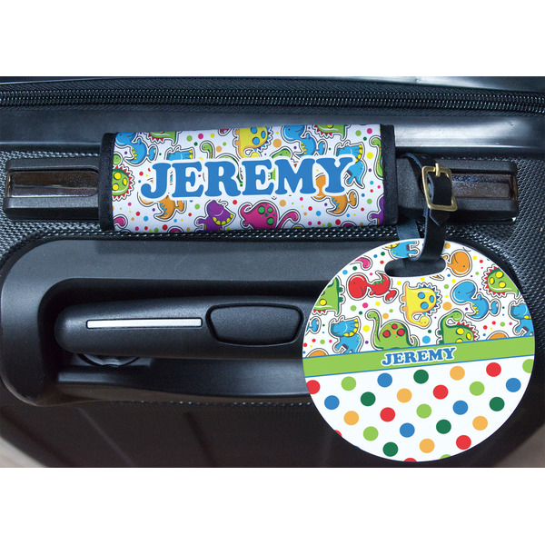 Dinosaur Print & Dots Round Luggage Tag & Handle Wrap - In Context