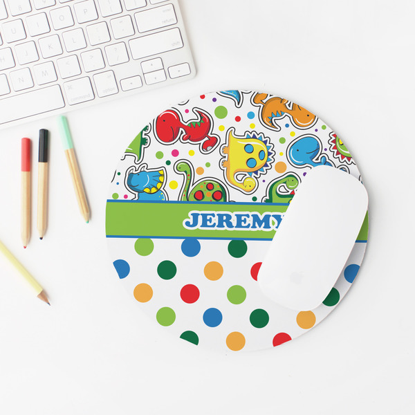 Dinosaur Print & Dots Round Mousepad - LIFESTYLE 2