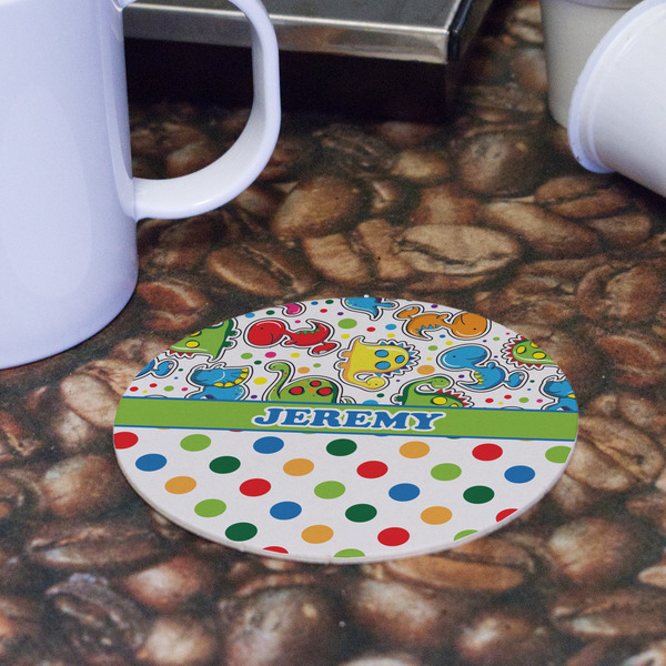 Dinosaur Print & Dots Round Paper Coaster - Front