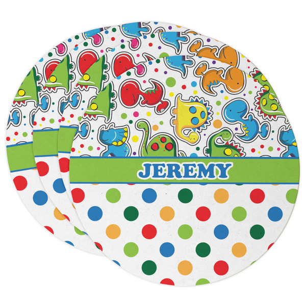 Custom Dinosaur Print & Dots Round Paper Coasters w/ Name or Text