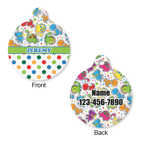 Dinosaur Print & Dots Round Pet Tag - Front & Back