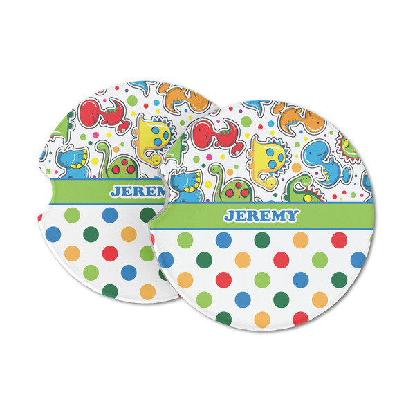 Custom Dinosaur Print & Dots Sandstone Car Coasters (Personalized)