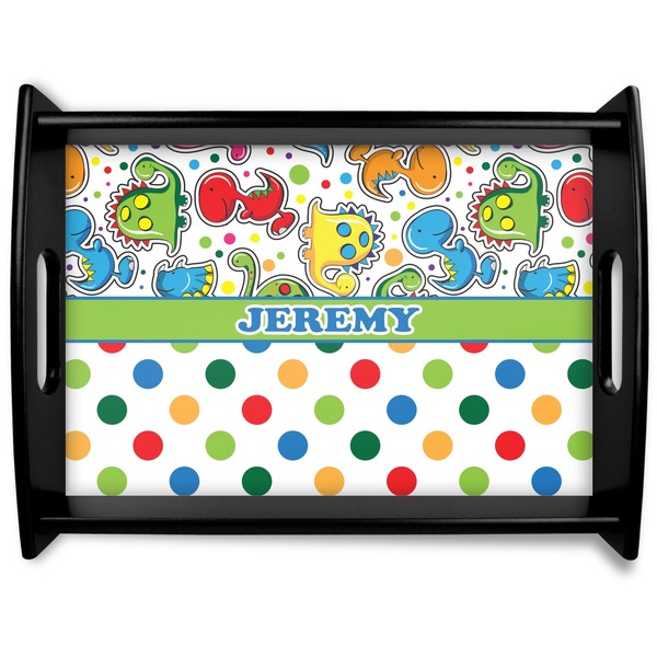 Custom Dinosaur Print & Dots Black Wooden Tray - Large (Personalized)