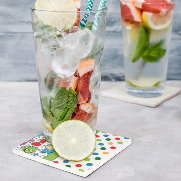 Dinosaur Print & Dots Set of 4 Stone Coasters - In Context View