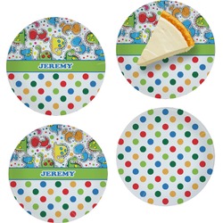 Dinosaur Print & Dots Set of 4 Glass Appetizer / Dessert Plate 8" (Personalized)