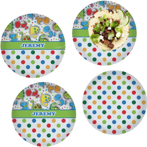 Custom Dinosaur Print & Dots Set of 4 Glass Lunch / Dinner Plate 10" (Personalized)