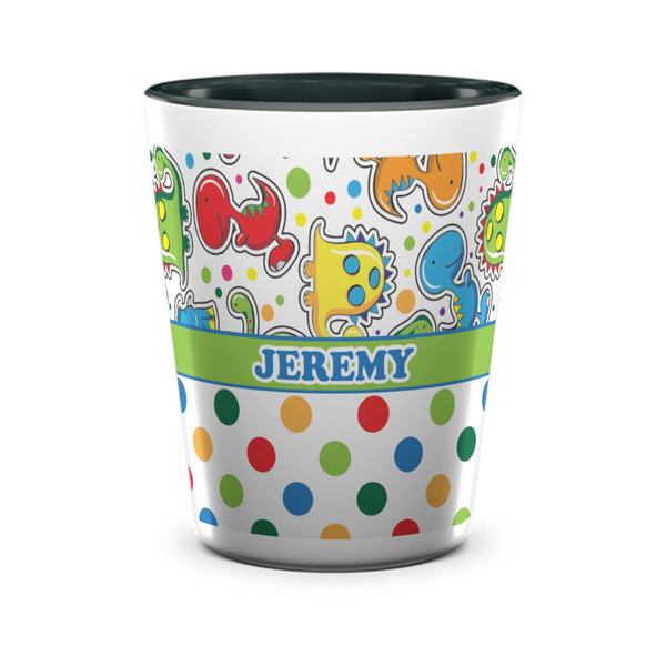 Custom Dinosaur Print & Dots Ceramic Shot Glass - 1.5 oz - Two Tone - Set of 4 (Personalized)