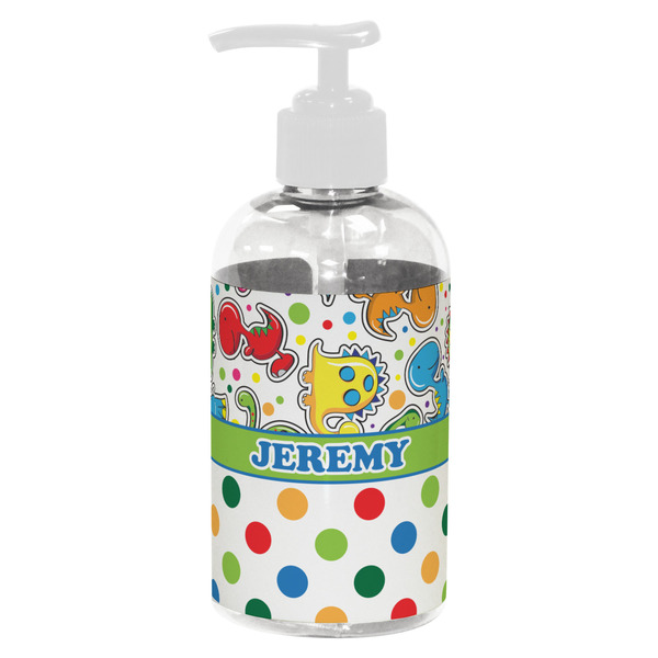 Custom Dinosaur Print & Dots Plastic Soap / Lotion Dispenser (8 oz - Small - White) (Personalized)