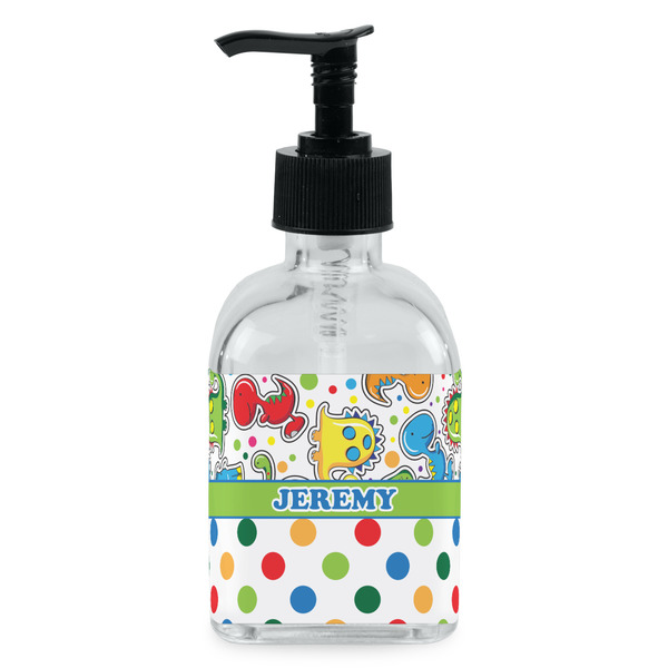 Custom Dinosaur Print & Dots Glass Soap & Lotion Bottle - Single Bottle (Personalized)