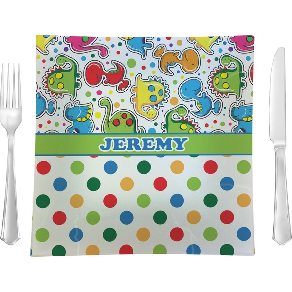 Custom Dinosaur Print & Dots Glass Square Lunch / Dinner Plate 9.5" (Personalized)