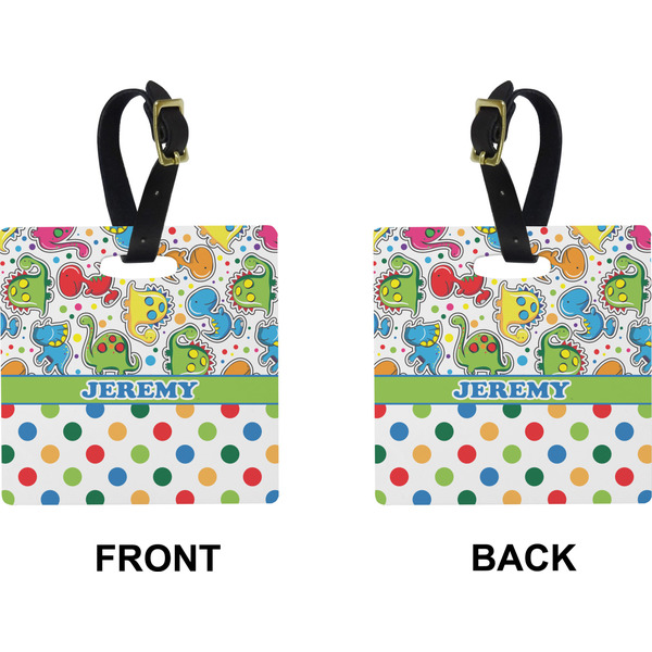Dinosaur Print & Dots Square Luggage Tag (Front + Back)