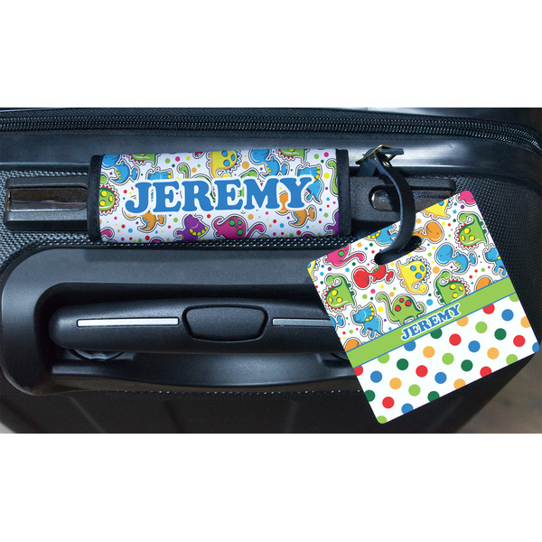 Dinosaur Print & Dots Square Luggage Tag & Handle Wrap - In Context
