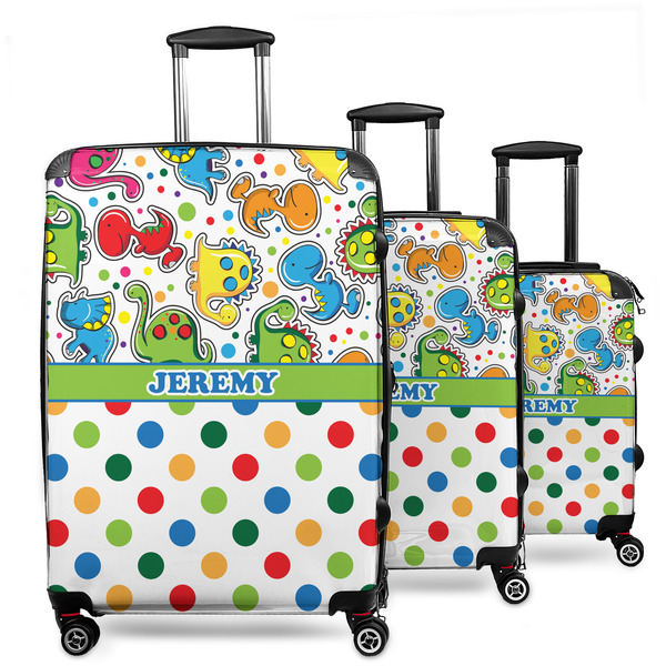 Custom Dinosaur Print & Dots 3 Piece Luggage Set - 20" Carry On, 24" Medium Checked, 28" Large Checked (Personalized)