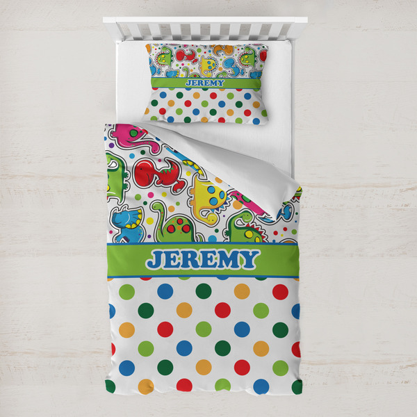 Custom Dinosaur Print & Dots Toddler Bedding w/ Name or Text
