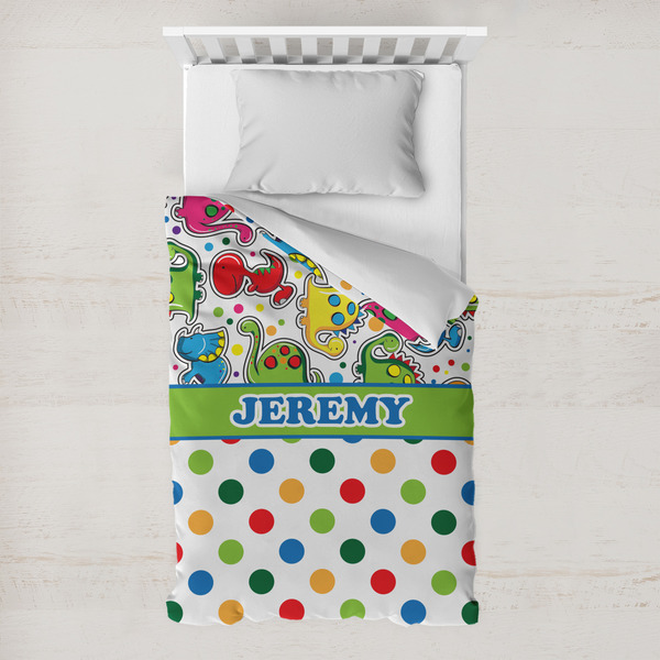 Custom Dinosaur Print & Dots Toddler Duvet Cover w/ Name or Text