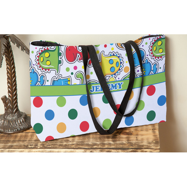 Dinosaur Print & Dots Tote w/Black Handles - Lifestyle View