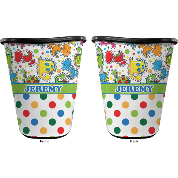 Dinosaur Print & Dots Trash Can Black - Front and Back - Apvl