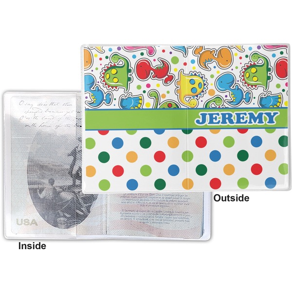 Dinosaur Print & Dots Vinyl Passport Holder - Flat Front and Back