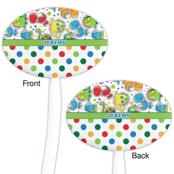 Dinosaur Print & Dots White Plastic 7" Stir Stick - Double Sided - Oval - Front & Back
