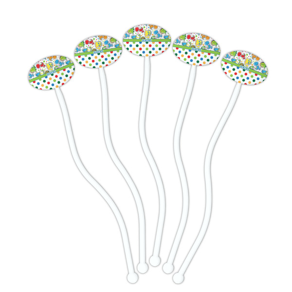Dinosaur Print & Dots White Plastic 7" Stir Stick - Oval - Fan