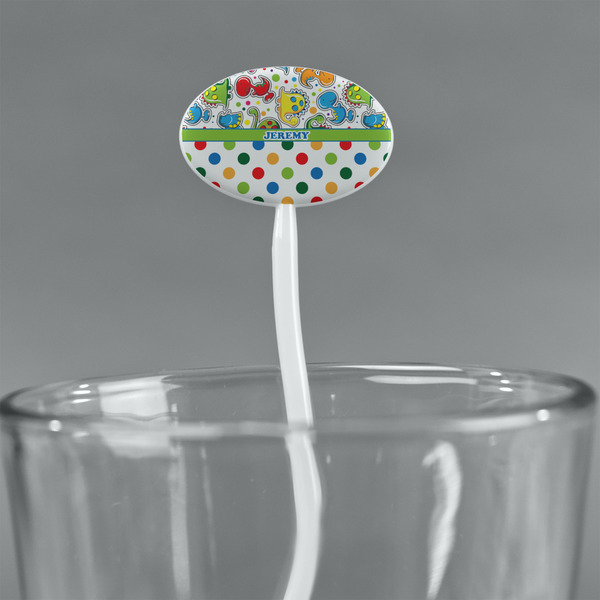 Dinosaur Print & Dots White Plastic 7" Stir Stick - Oval - Main