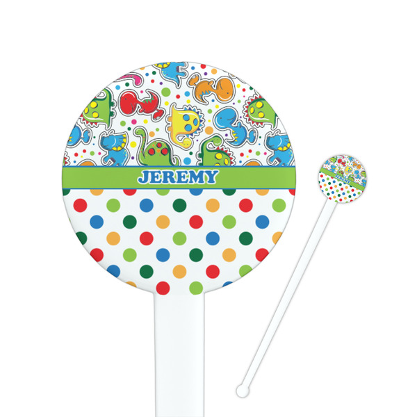Custom Dinosaur Print & Dots 7" Round Plastic Stir Sticks - White - Single Sided (Personalized)