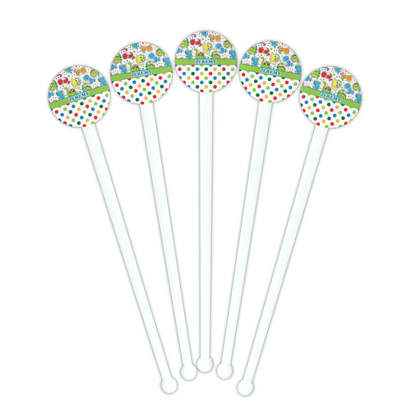 Dinosaur Print & Dots White Plastic 7" Stir Stick - Round - Fan View
