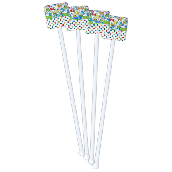 Dinosaur Print & Dots White Plastic Stir Stick - Single Sided - Square - Front