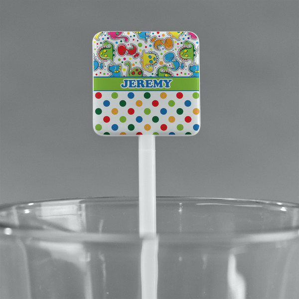 Dinosaur Print & Dots White Plastic Stir Stick - Square - Main