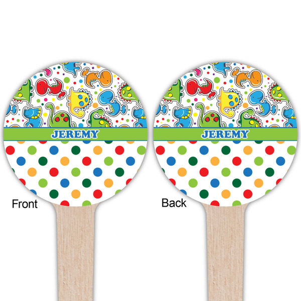 Dinosaur Print & Dots Wooden 4" Food Pick - Round - Double Sided - Front & Back